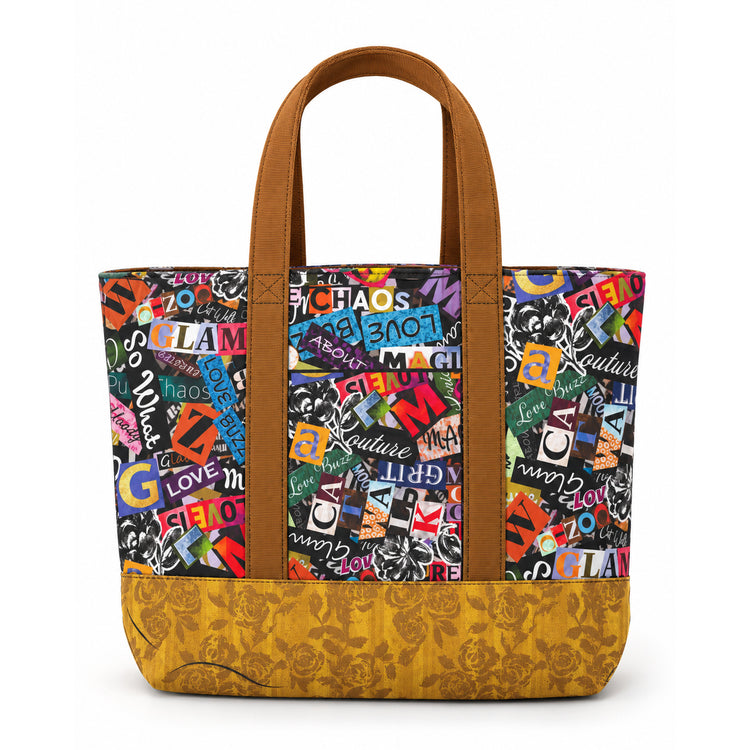 Grunge Gone Glam tote bag with colorful typography, a golden rose-print base and brown handles.
