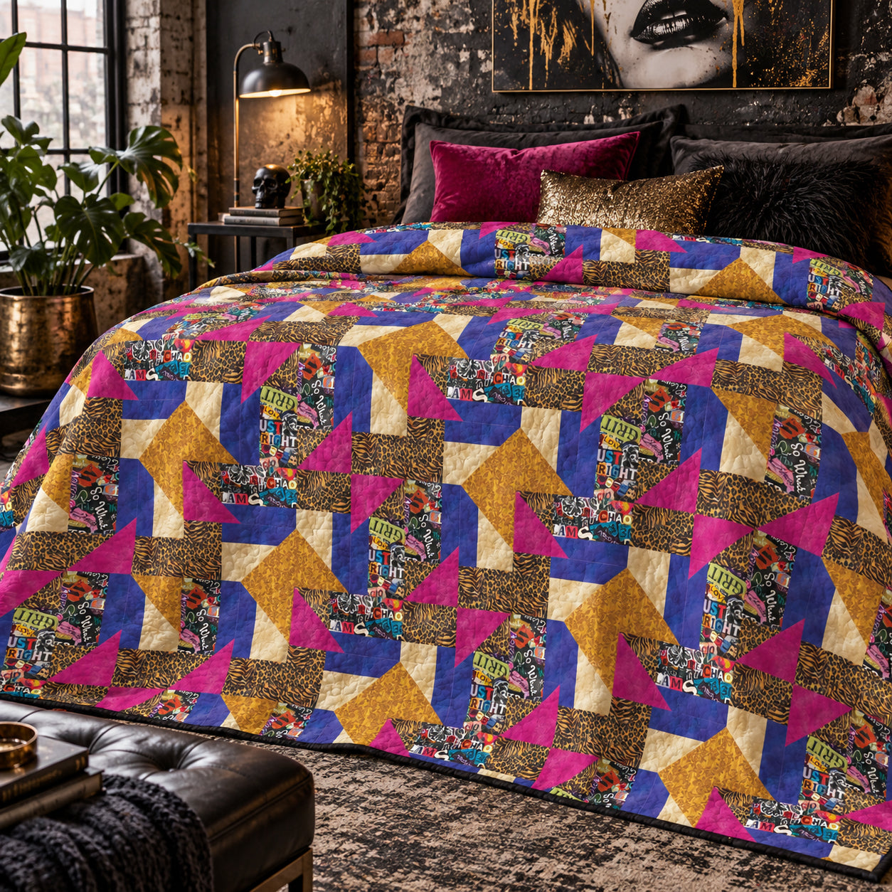 Grunge Gone Glam quilt with gold, magenta and blue patchwork on a bed in a moody industrial bedroom.