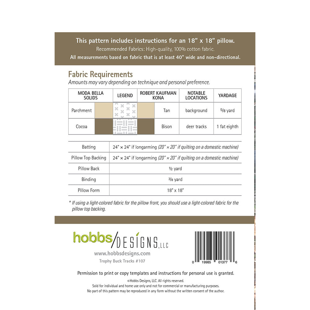 Hobbs Designs, Trophy Buck Tracks Pillow Pattern image # 73896