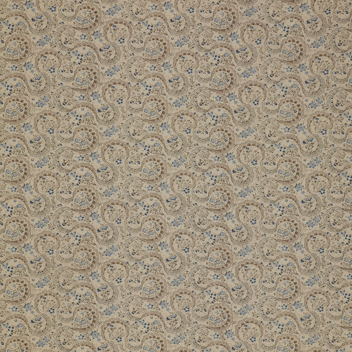 Isabella Fabric Collection - Swirling Lace Cream: Cream with intricate lace motifs and delicate floral details in blue florals and brown outlines PBISAB06409NE