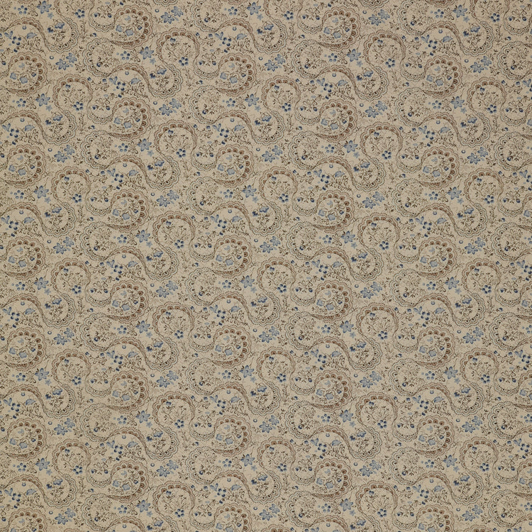 Isabella Fabric Collection - Swirling Lace Cream: Cream with intricate lace motifs and delicate floral details in blue florals and brown outlines PBISAB06409NE