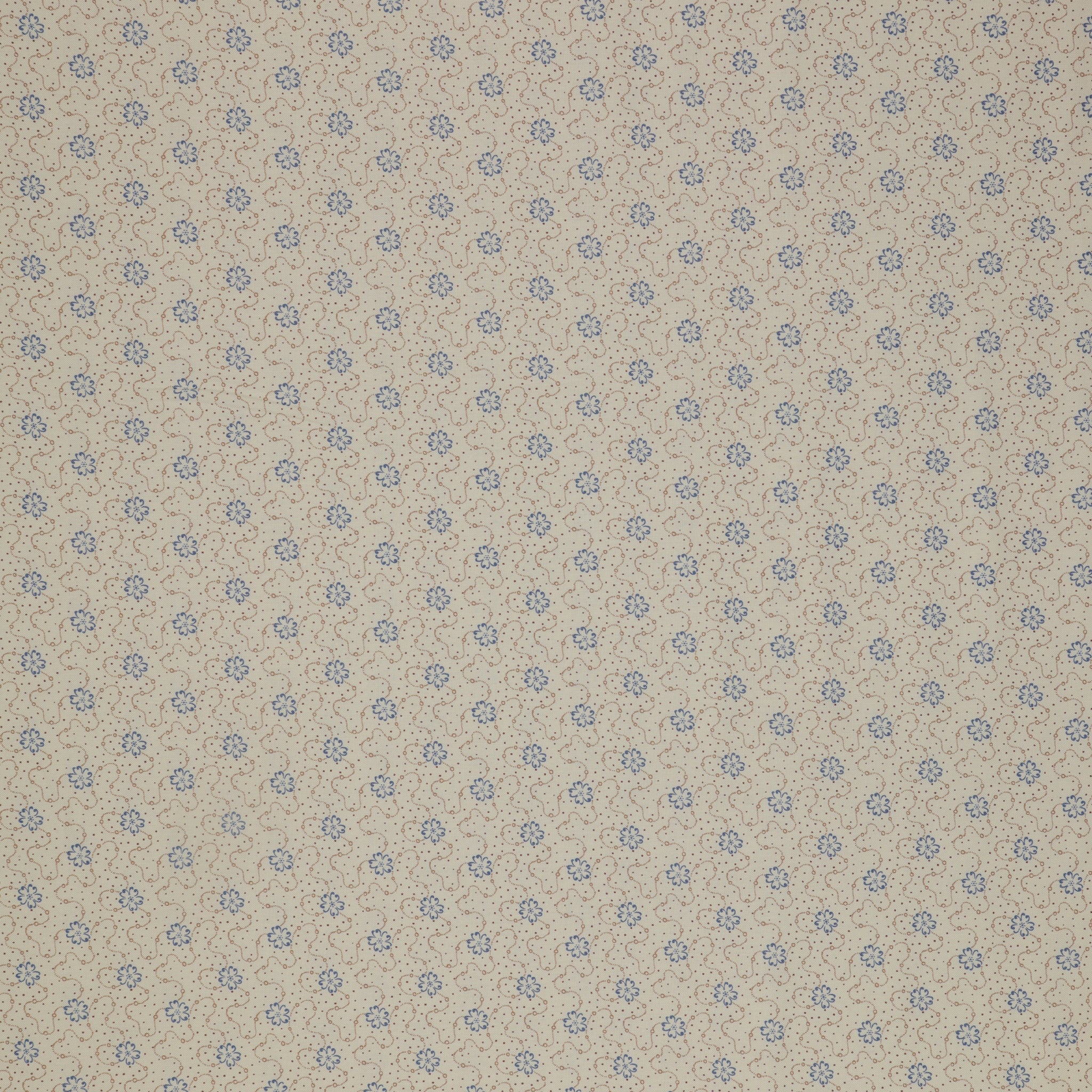 Isabella Fabric Collection - Flower Chain Cream: Cream with tiny blue flowers and brown dotted swirls in a delicate repeating pattern PBISAB06413E