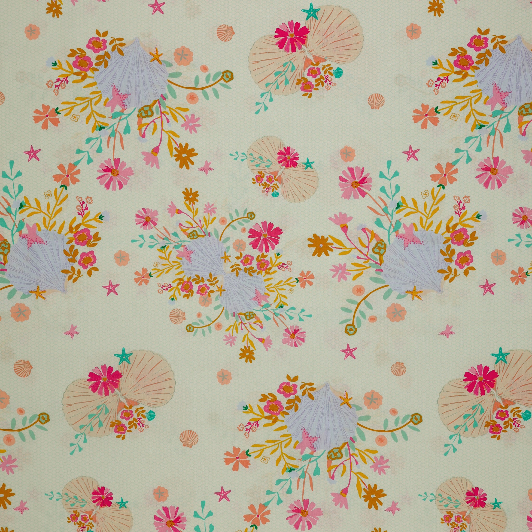 Island Life Seaflower Blossom fabric with seashells, starfish, and colorful flowers on cream.