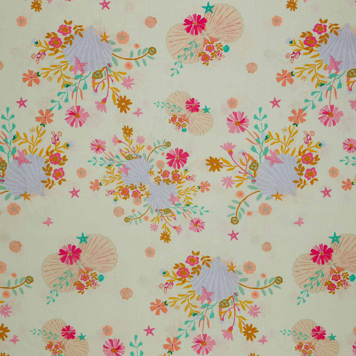 Island Life Seaflower Blossom fabric with seashells, starfish, and colorful flowers on cream.