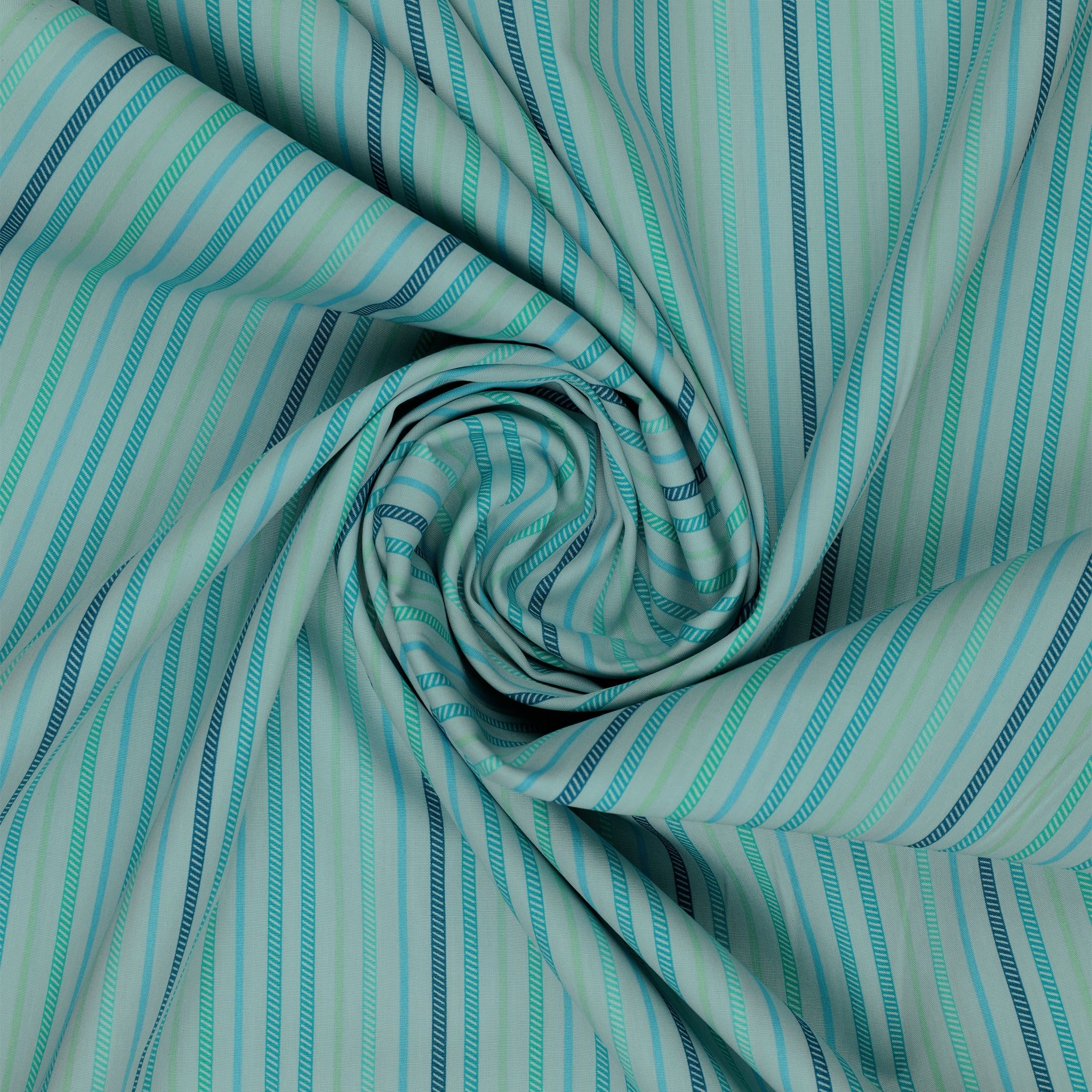 Island Life Ocean Drift fabric with narrow aqua, teal, mint, and blue vertical stripes swirled to show texture.
