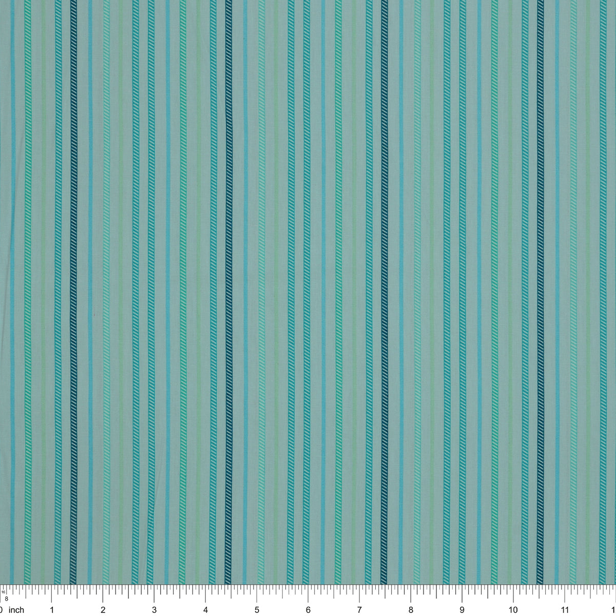 Island Life Ocean Drift fabric with narrow aqua, teal, mint, and blue vertical stripes with ruler for scale