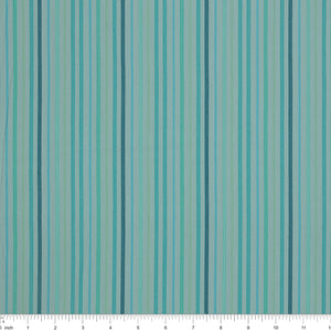 Island Life Ocean Drift fabric with narrow aqua, teal, mint, and blue vertical stripes with ruler for scale