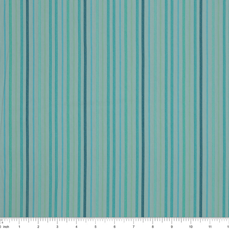 Island Life Ocean Drift fabric with narrow aqua, teal, mint, and blue vertical stripes with ruler for scale