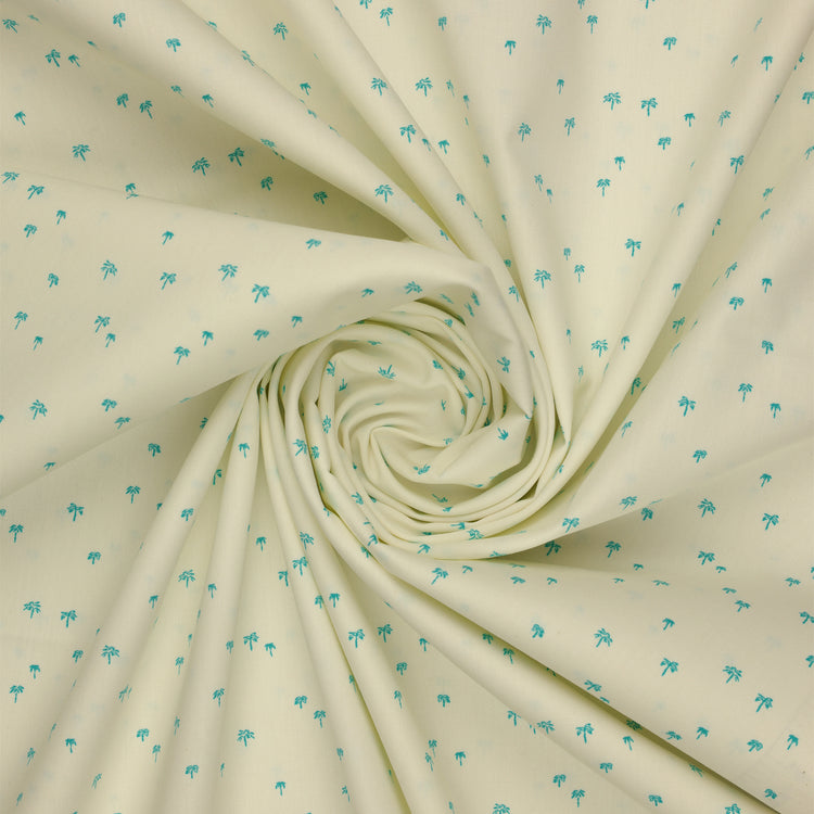 Island Life Tropic Breeze fabric with tiny turquoise palm trees scattered on a soft cream background swirled showing texture.