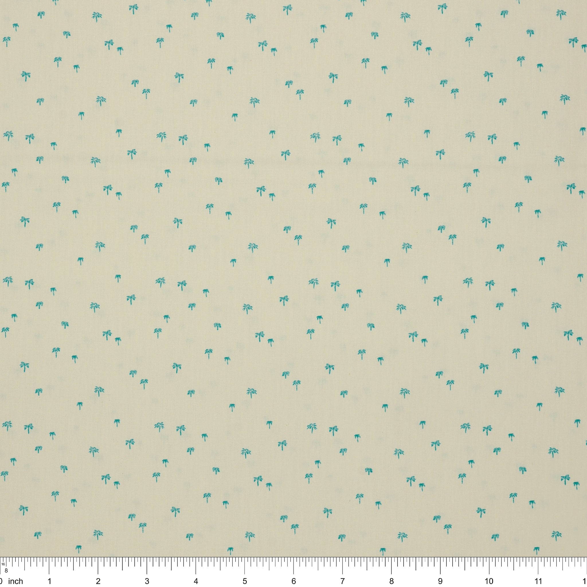 Island Life Tropic Breeze fabric with tiny turquoise palm trees scattered on a soft cream background with ruler for scale.