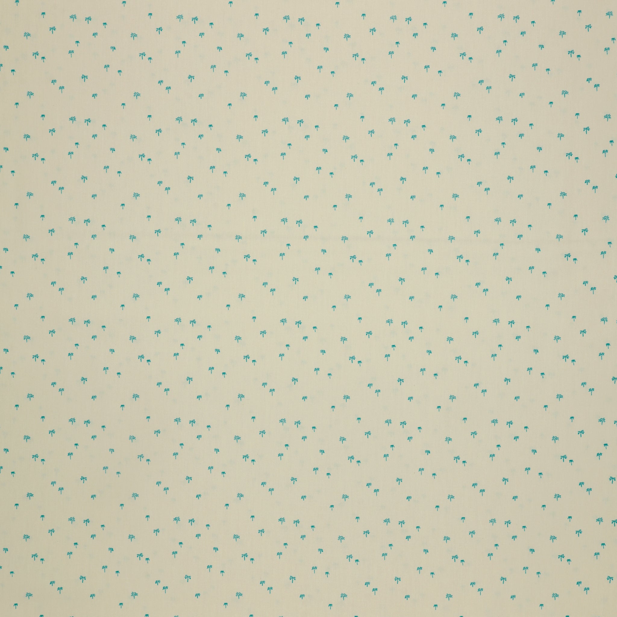 Island Life Tropic Breeze fabric with tiny turquoise palm trees scattered on a soft cream background.