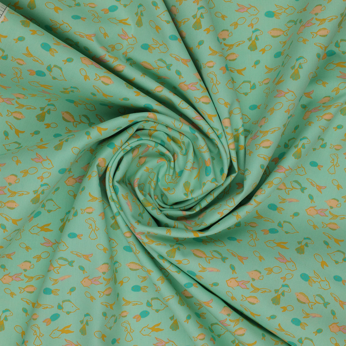 Island Life Fin Parade fabric with tiny colorful fish swimming across an aqua background swirled to show texture.