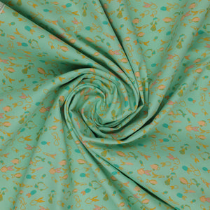 Island Life Fin Parade fabric with tiny colorful fish swimming across an aqua background swirled to show texture.