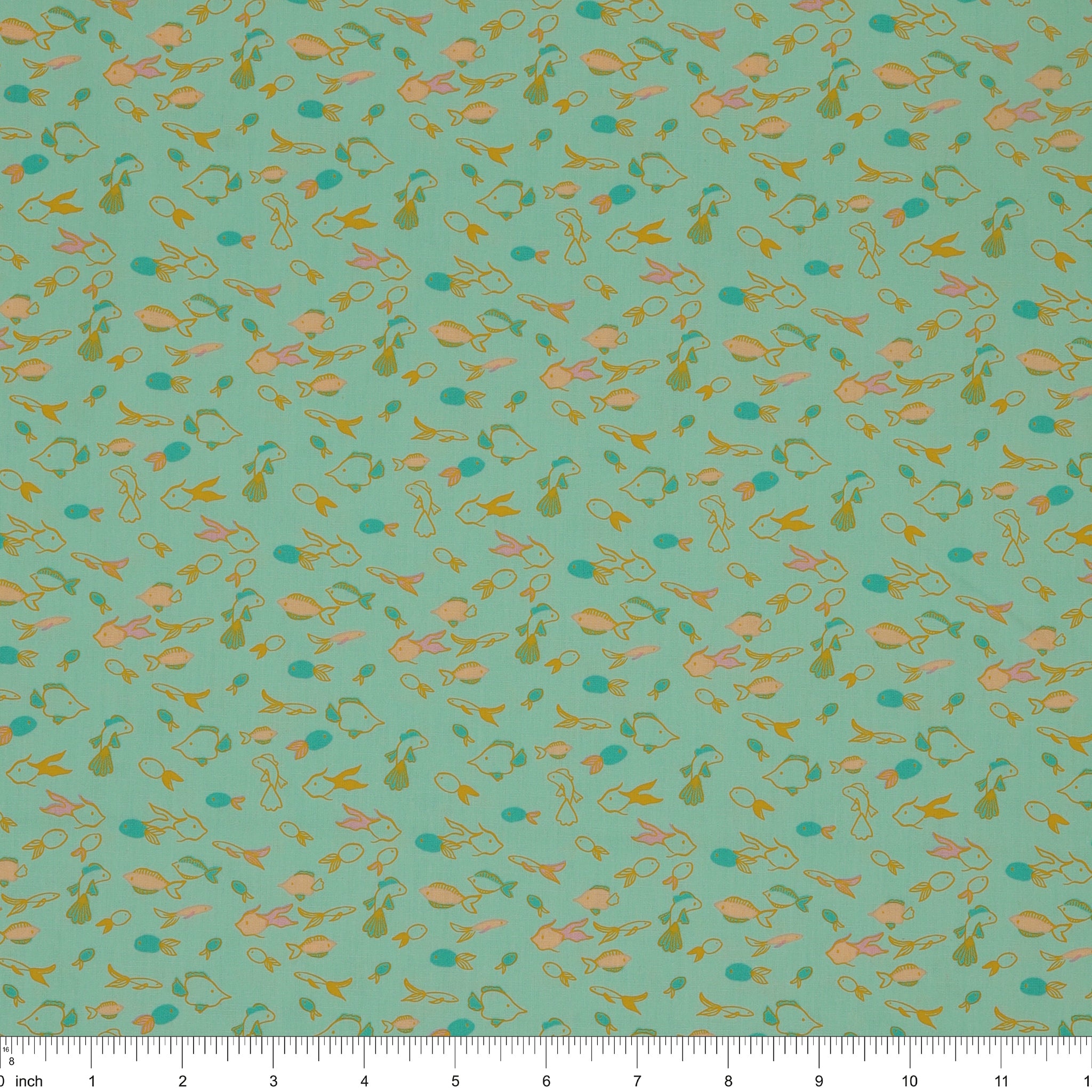 Island Life Fin Parade fabric with tiny colorful fish swimming across an aqua background with ruler for scale.