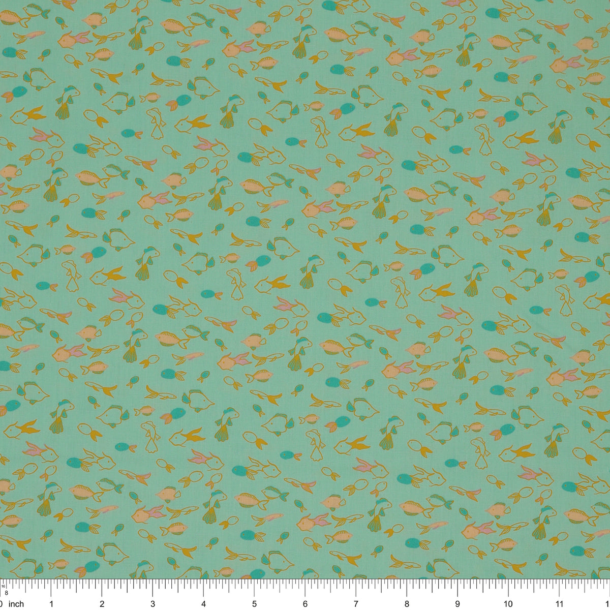Island Life Fin Parade fabric with tiny colorful fish swimming across an aqua background with ruler for scale.