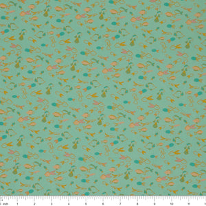 Island Life Fin Parade fabric with tiny colorful fish swimming across an aqua background with ruler for scale.