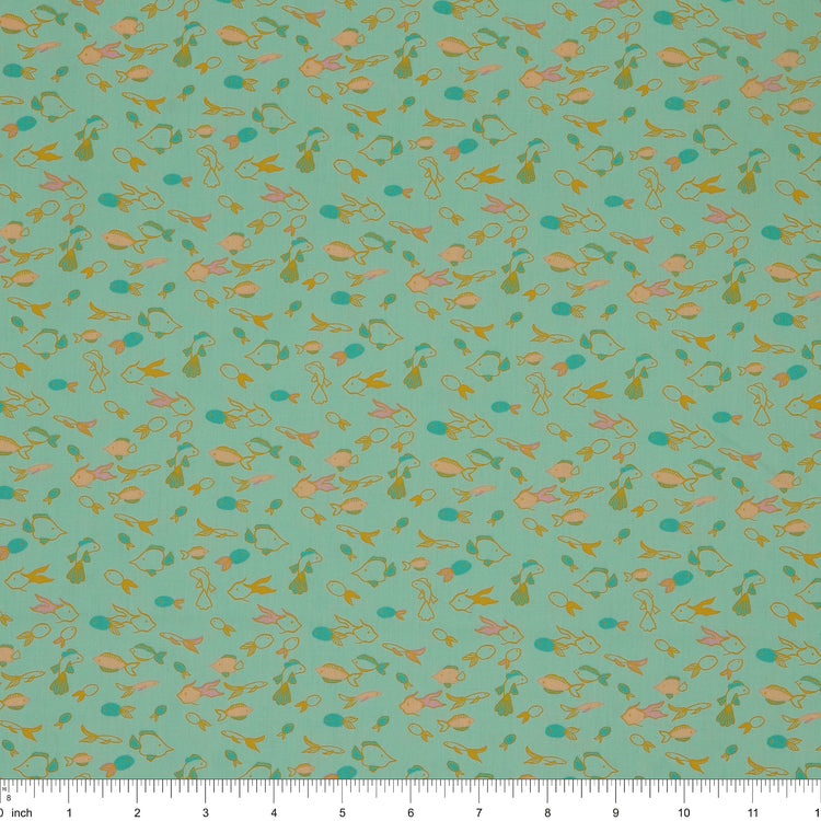 Island Life Fin Parade fabric with tiny colorful fish swimming across an aqua background with ruler for scale.