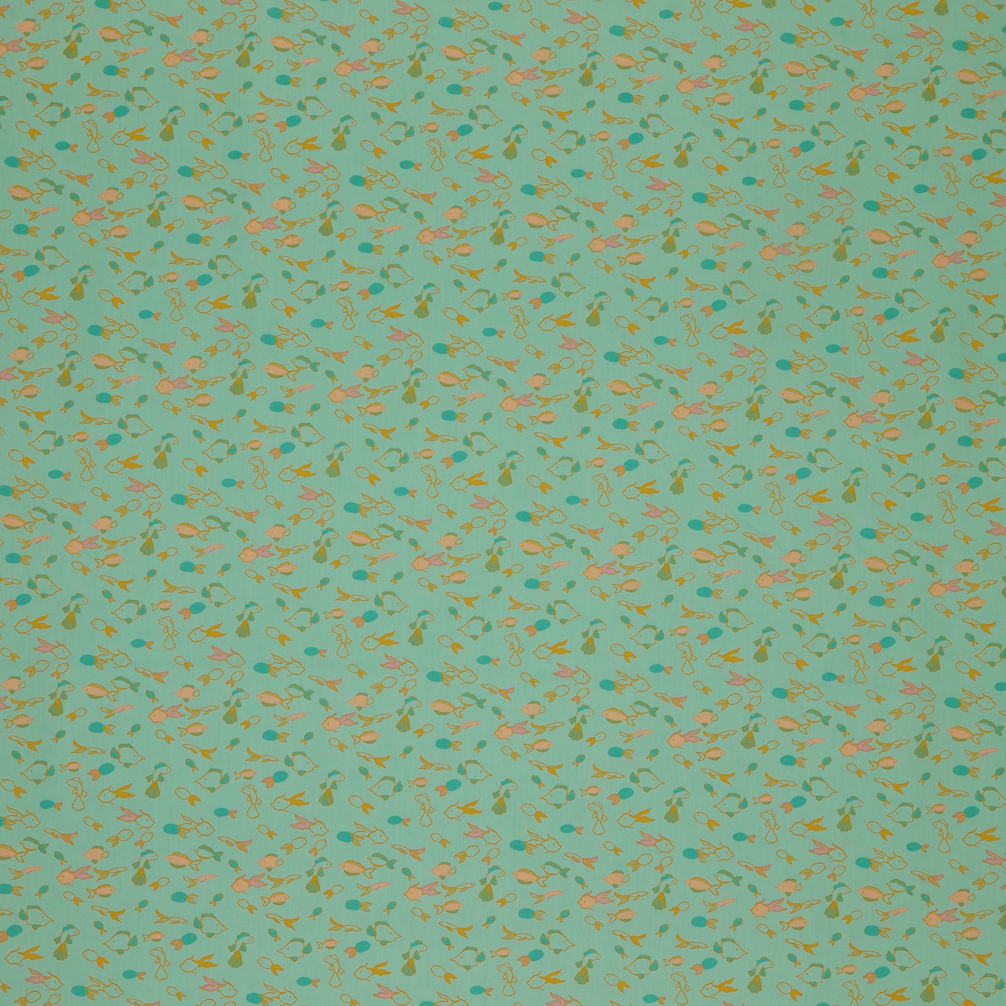 Island Life Fin Parade fabric with tiny colorful fish swimming across an aqua background.