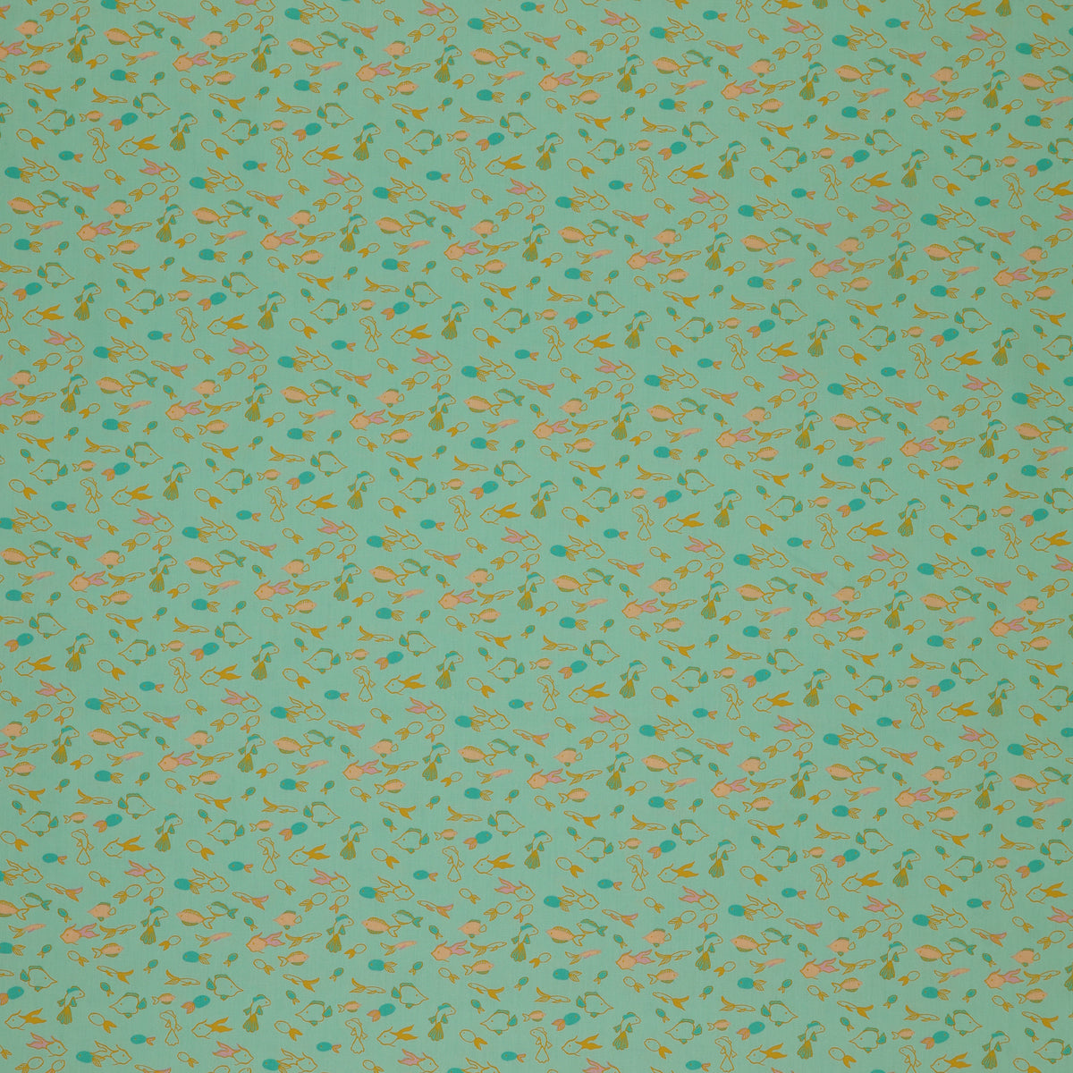 Island Life Fin Parade fabric with tiny colorful fish swimming across an aqua background.