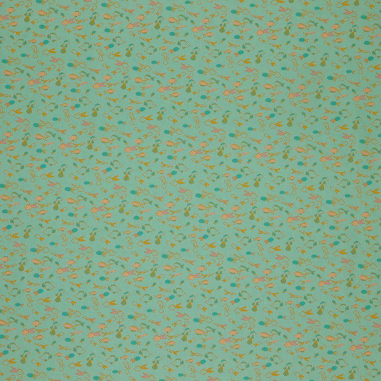 Island Life Fin Parade fabric with tiny colorful fish swimming across an aqua background.