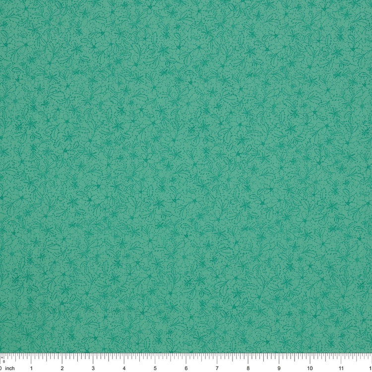 Island Life Tide Petal fabric with a subtle tonal floral pattern in layered turquoise with ruler for scale.