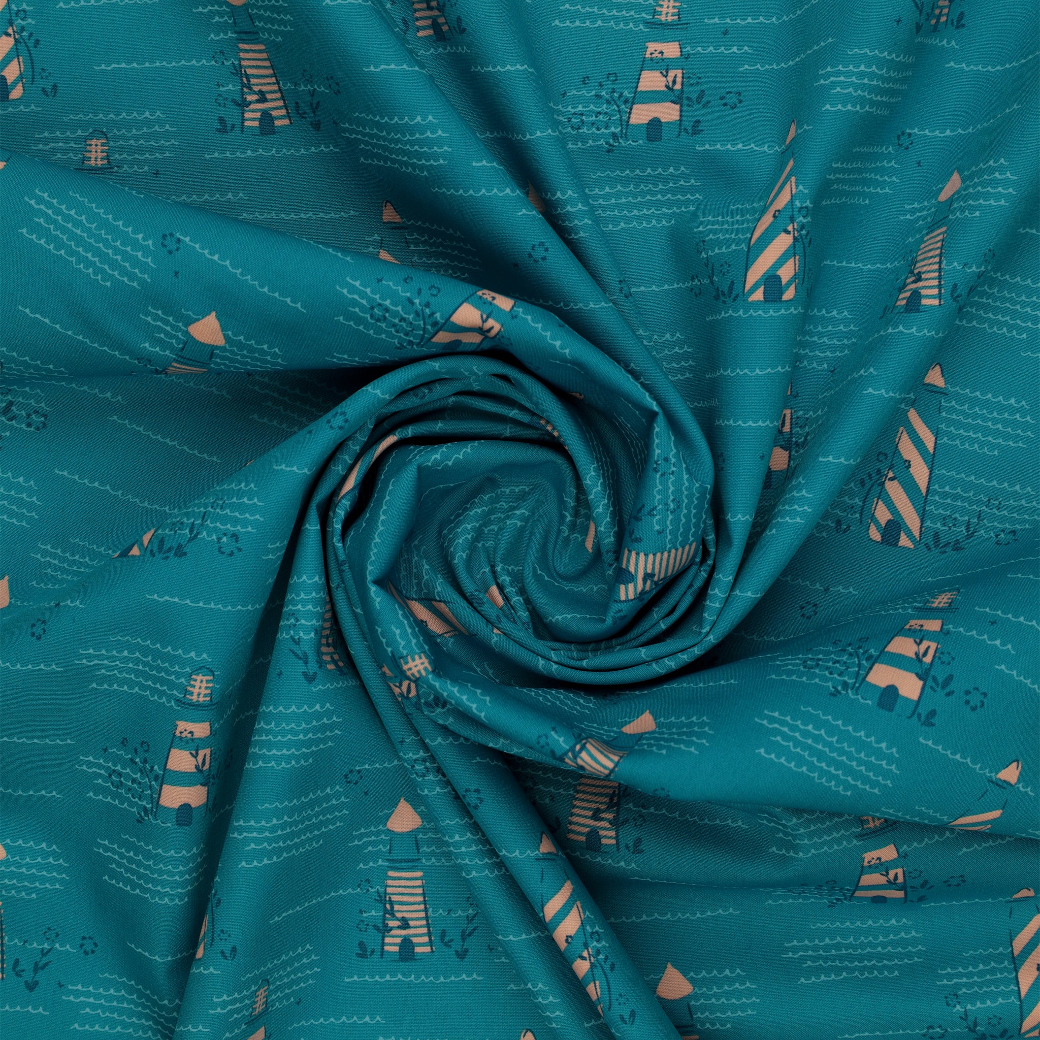 Island Life Seaside Signal fabric with striped coastal buoys and wave details on teal swirled showing texture.