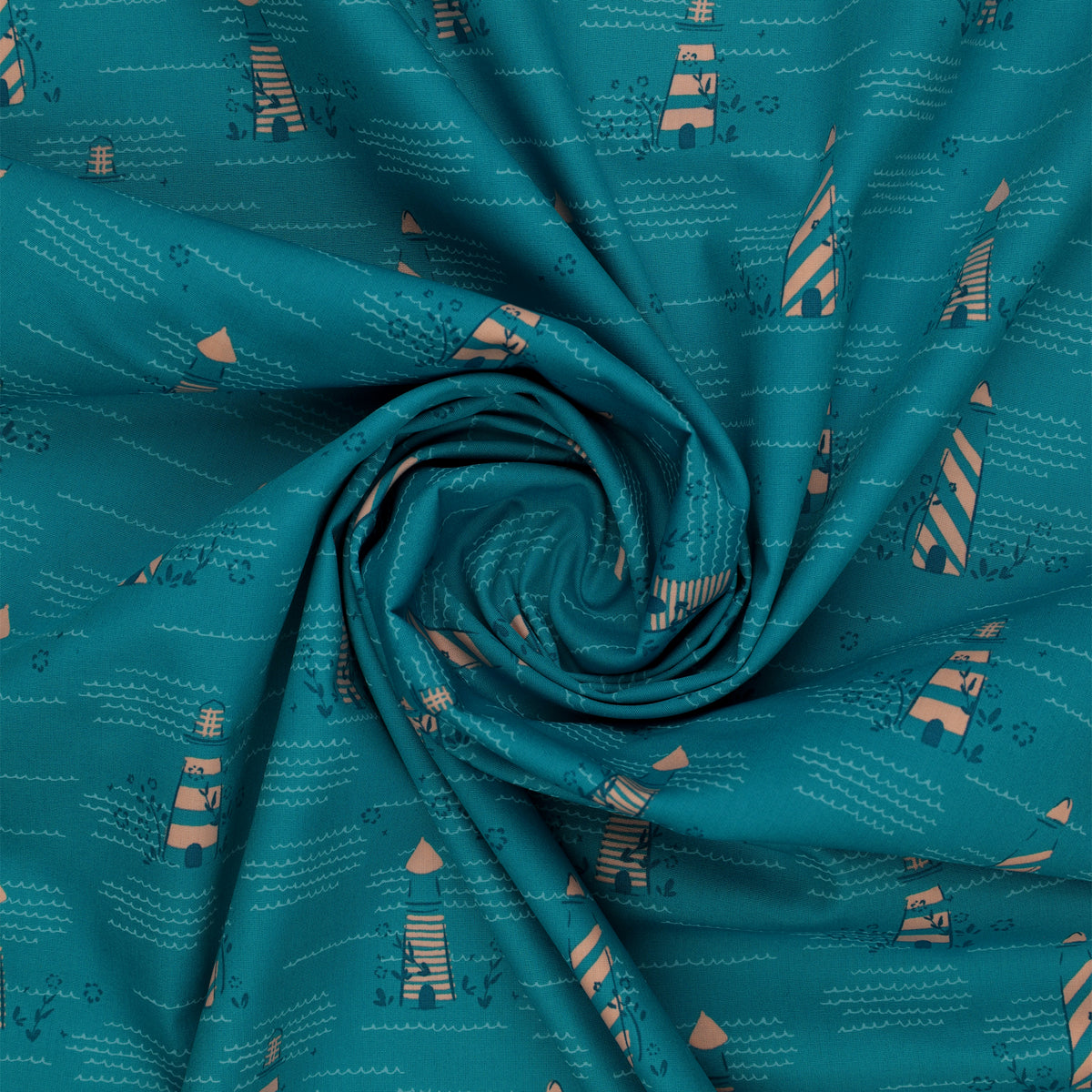 Island Life Seaside Signal fabric with striped coastal buoys and wave details on teal swirled showing texture.