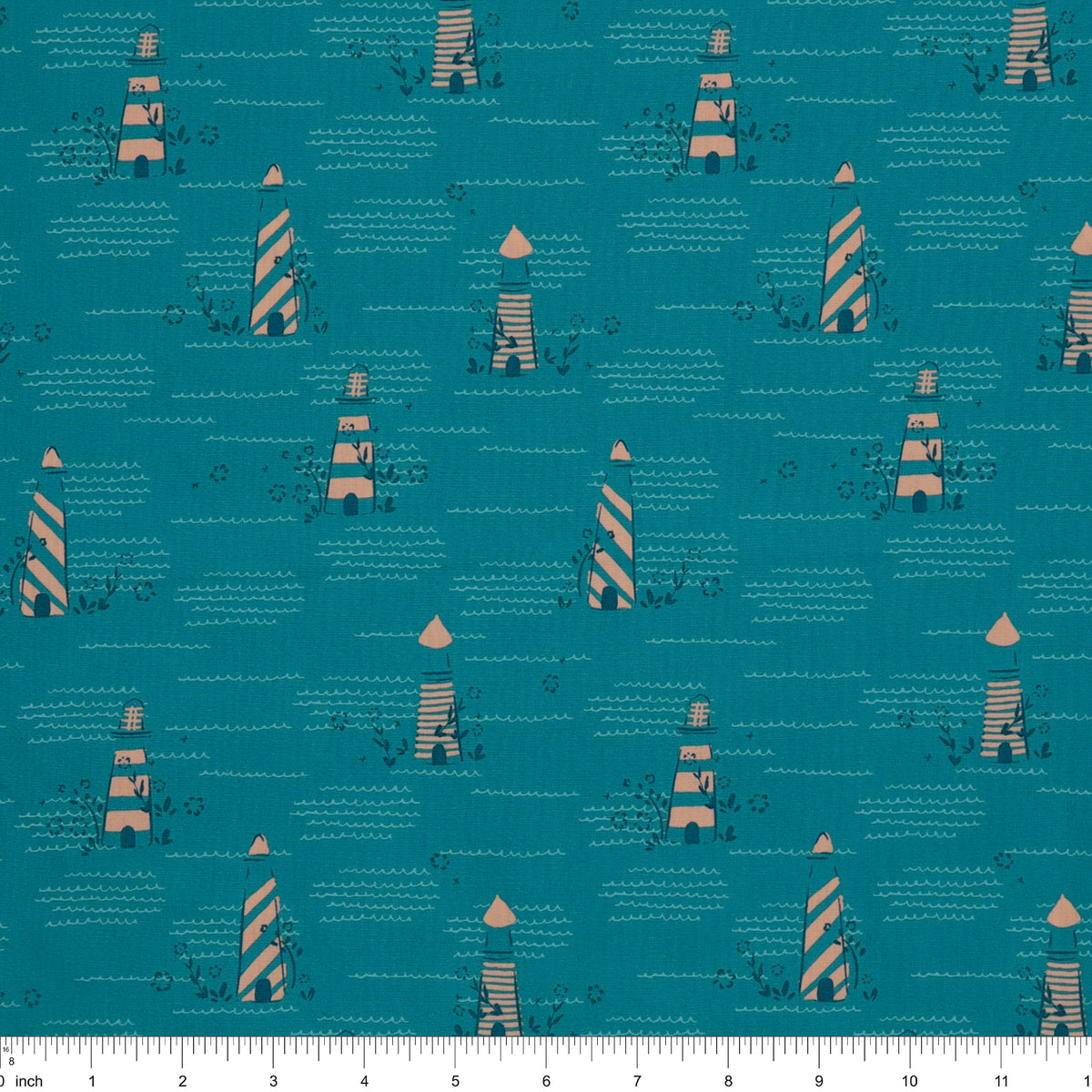 Island Life Seaside Signal fabric with striped coastal buoys and wave details on teal with ruler for scale.