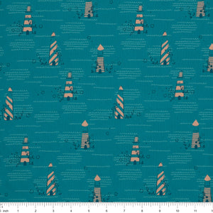 Island Life Seaside Signal fabric with striped coastal buoys and wave details on teal with ruler for scale.