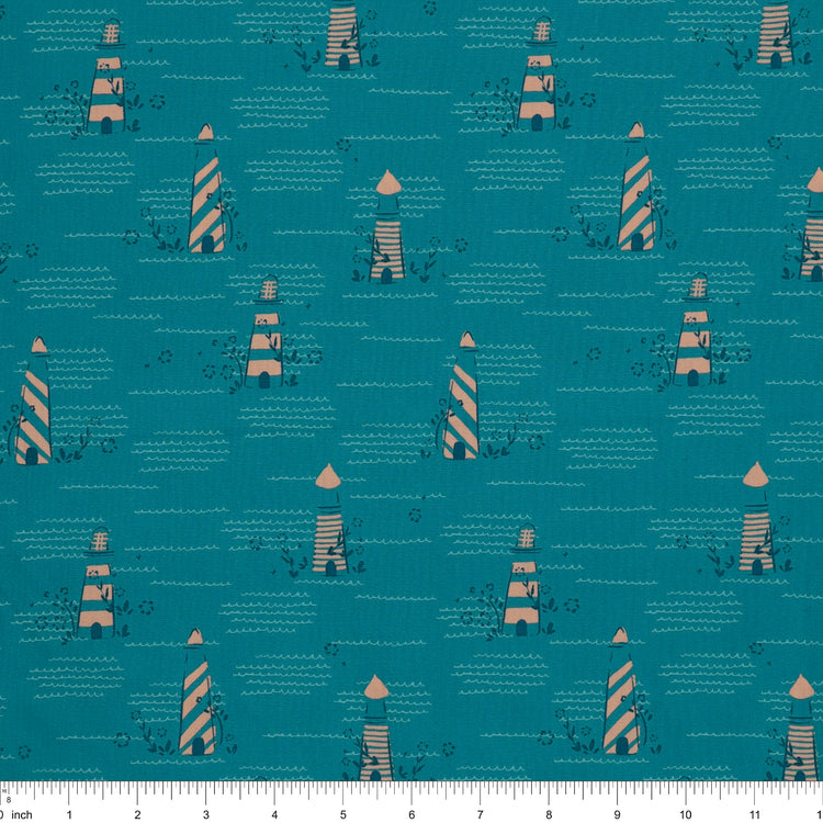 Island Life Seaside Signal fabric with striped coastal buoys and wave details on teal with ruler for scale.