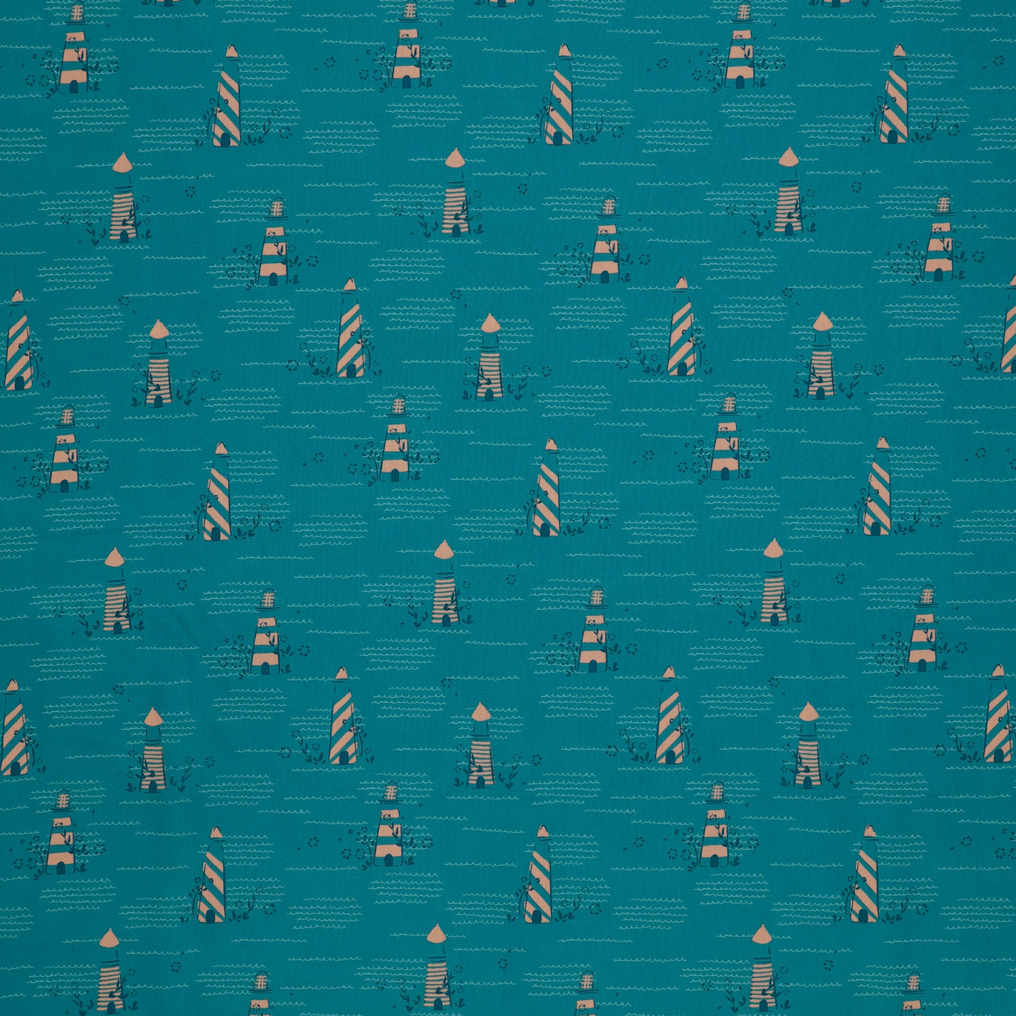 Island Life Seaside Signal fabric with striped coastal buoys and wave details on teal.