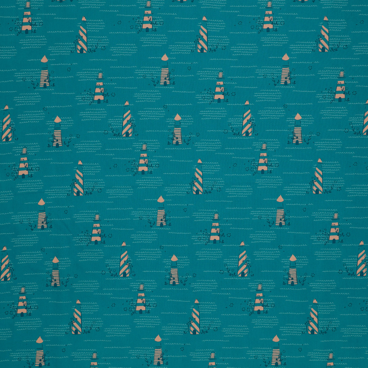 Island Life Seaside Signal fabric with striped coastal buoys and wave details on teal.