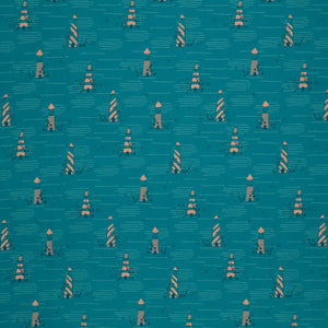 Island Life Seaside Signal fabric with striped coastal buoys and wave details on teal.