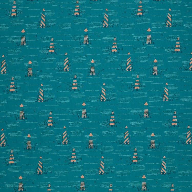 Island Life Seaside Signal fabric with striped coastal buoys and wave details on teal.