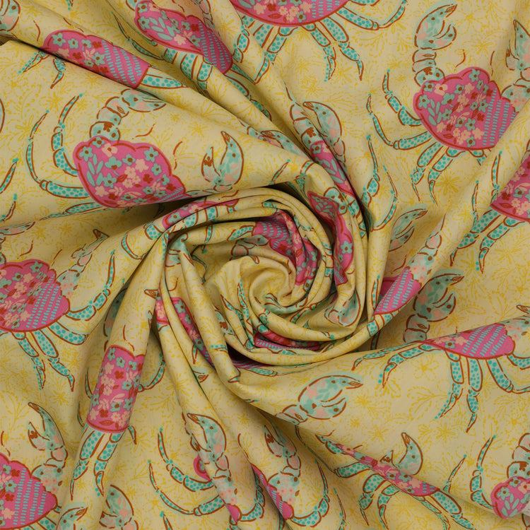 Island Life Tidal Stroll fabric with floral pink crabs and aqua accents on a warm cream background swirled showing texture.