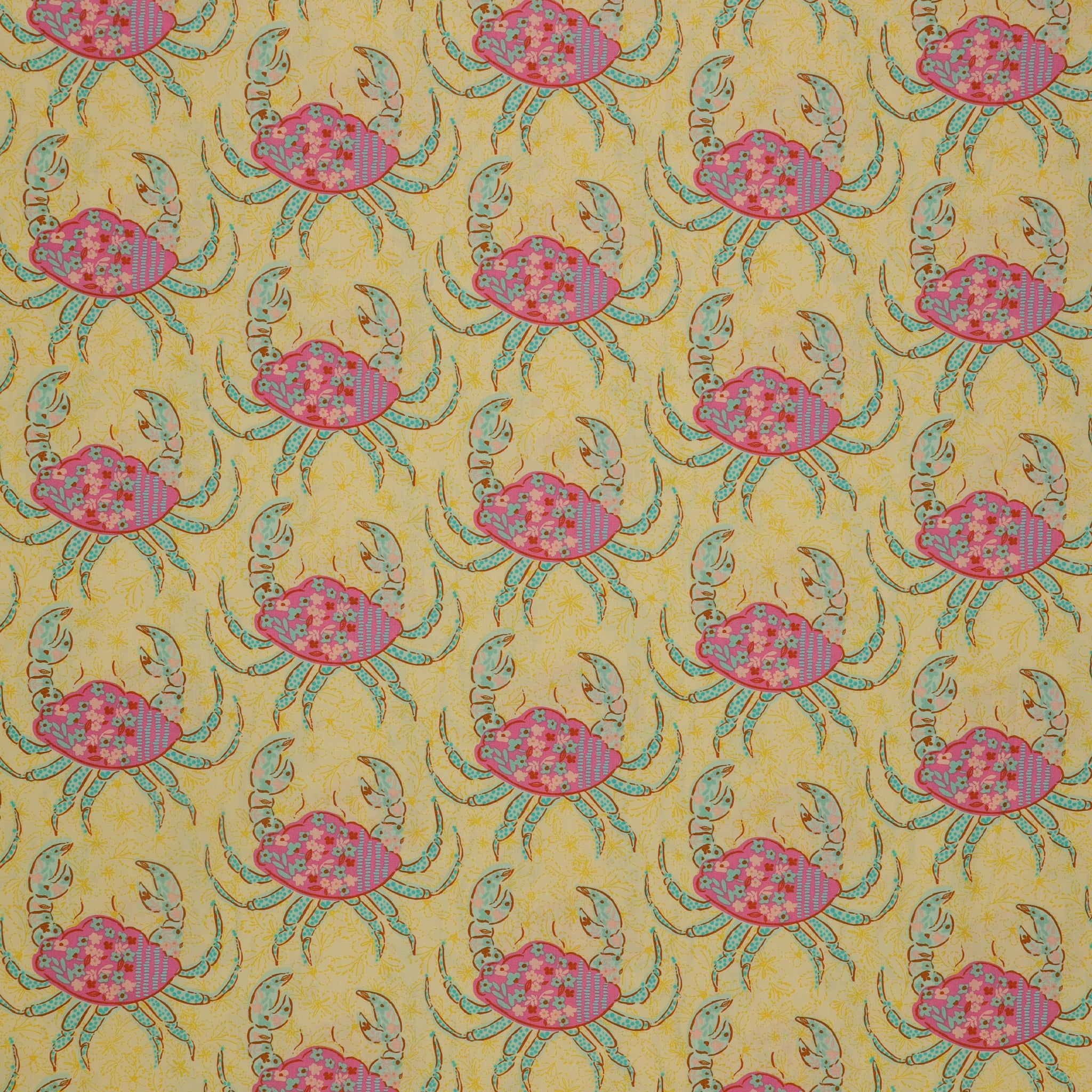 Island Life Tidal Stroll fabric with floral pink crabs and aqua accents on a warm cream background.