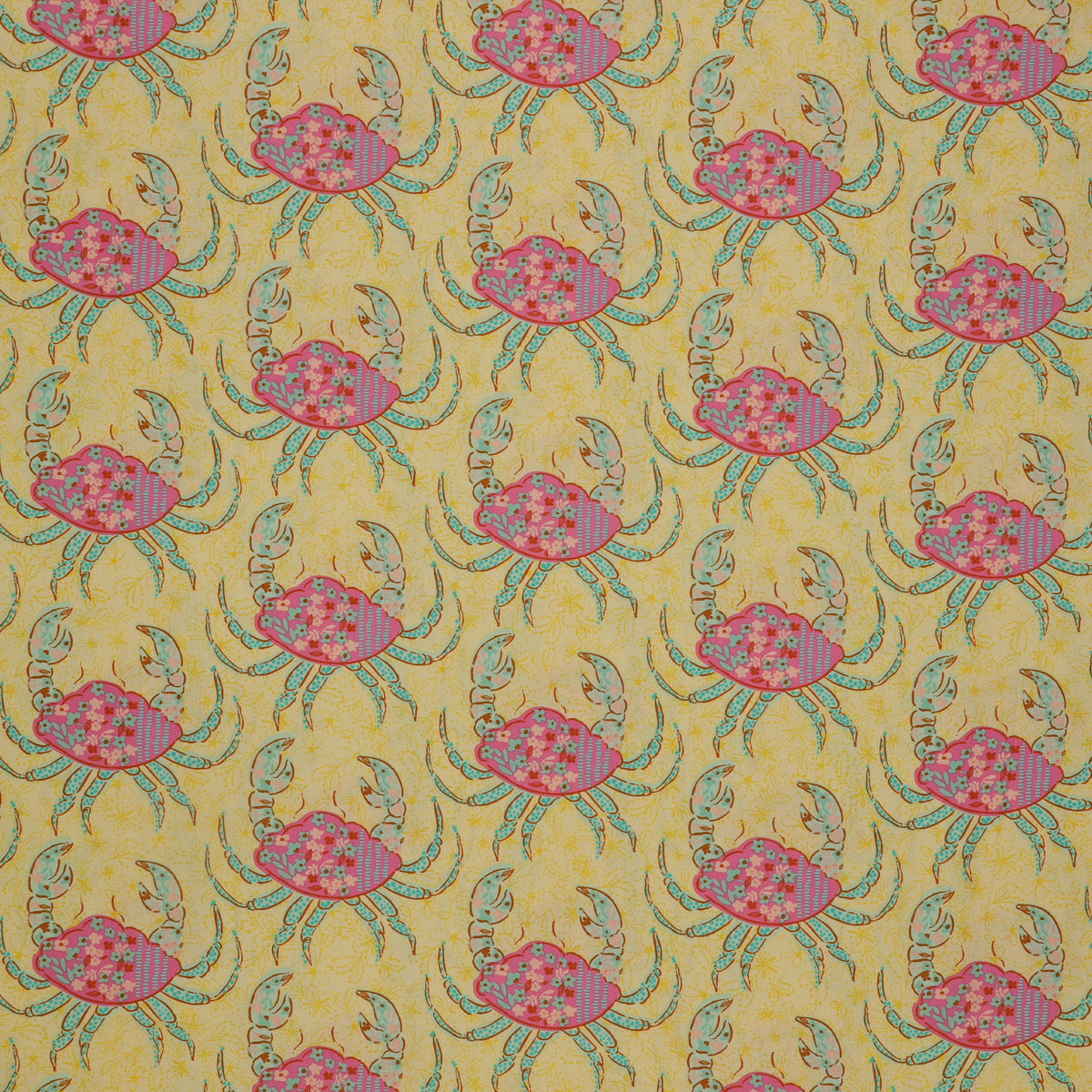 Island Life Tidal Stroll fabric with floral pink crabs and aqua accents on a warm cream background.