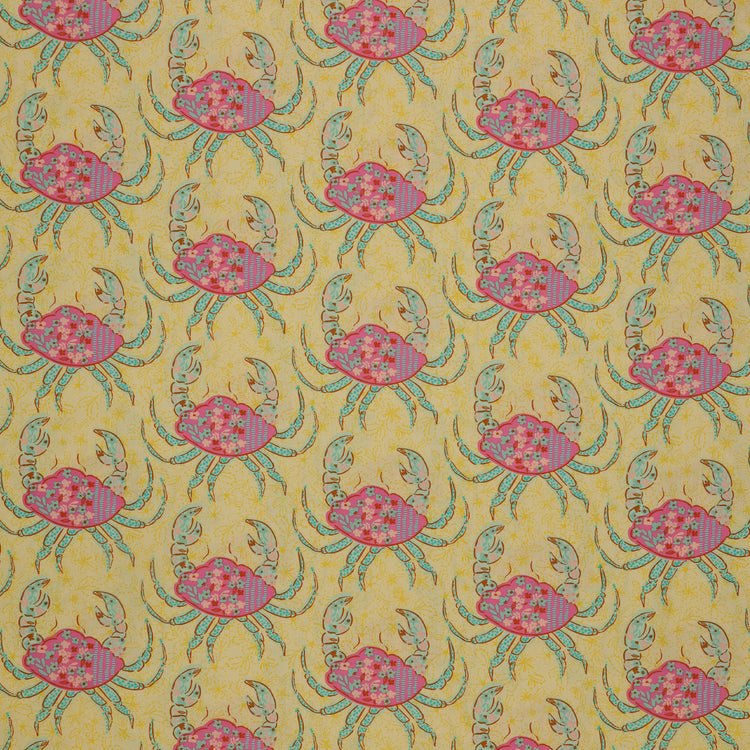 Island Life Tidal Stroll fabric with floral pink crabs and aqua accents on a warm cream background.