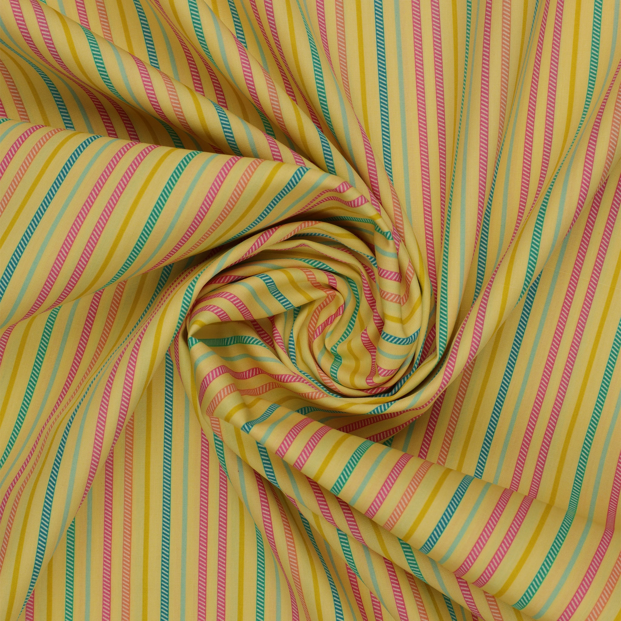 Island Life Sunset Drift fabric with pink, aqua, teal, cream, and golden vertical stripes swirled showing texture.
