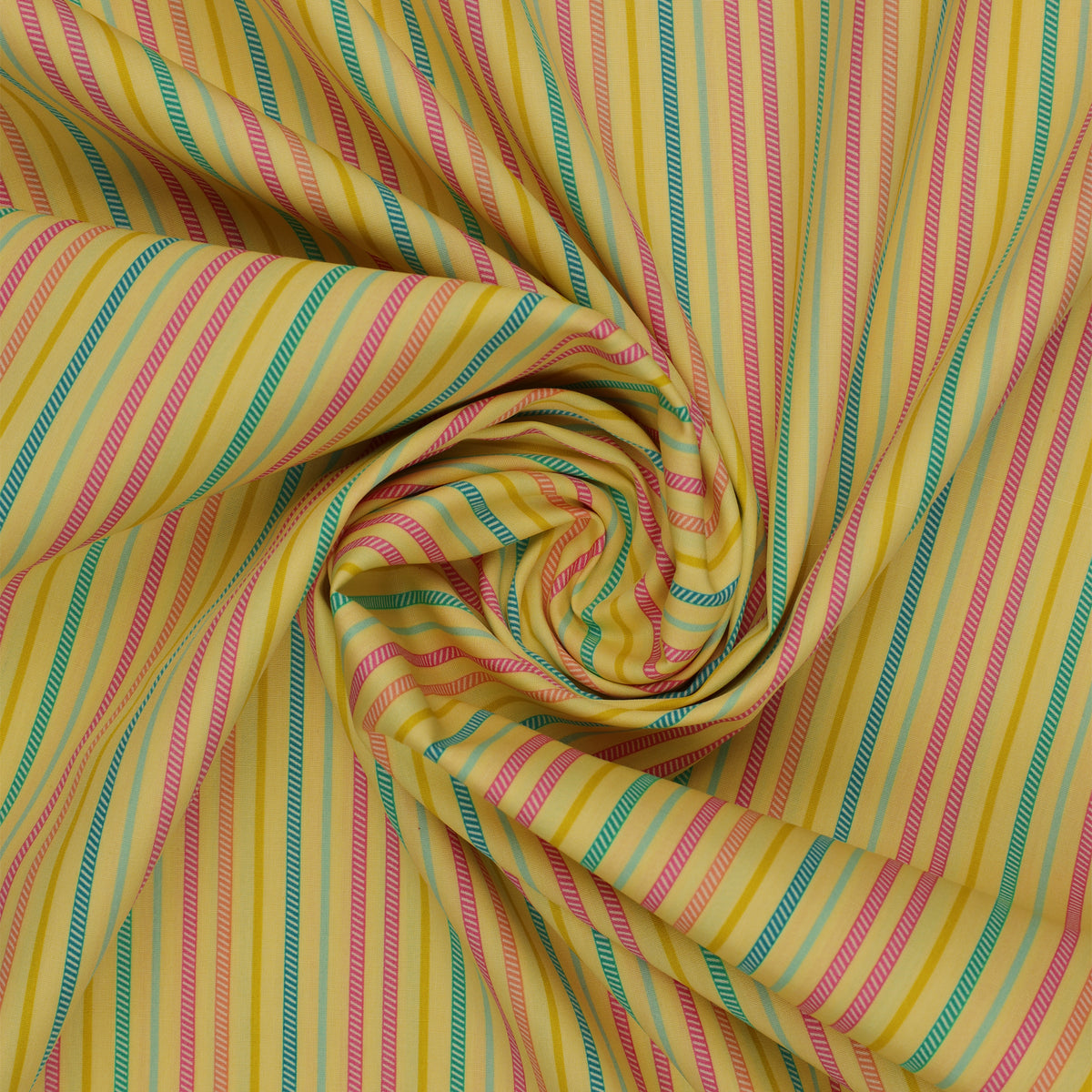 Island Life Sunset Drift fabric with pink, aqua, teal, cream, and golden vertical stripes swirled showing texture.