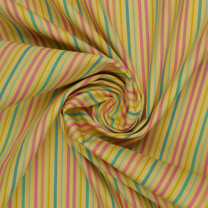 Island Life Sunset Drift fabric with pink, aqua, teal, cream, and golden vertical stripes swirled showing texture.