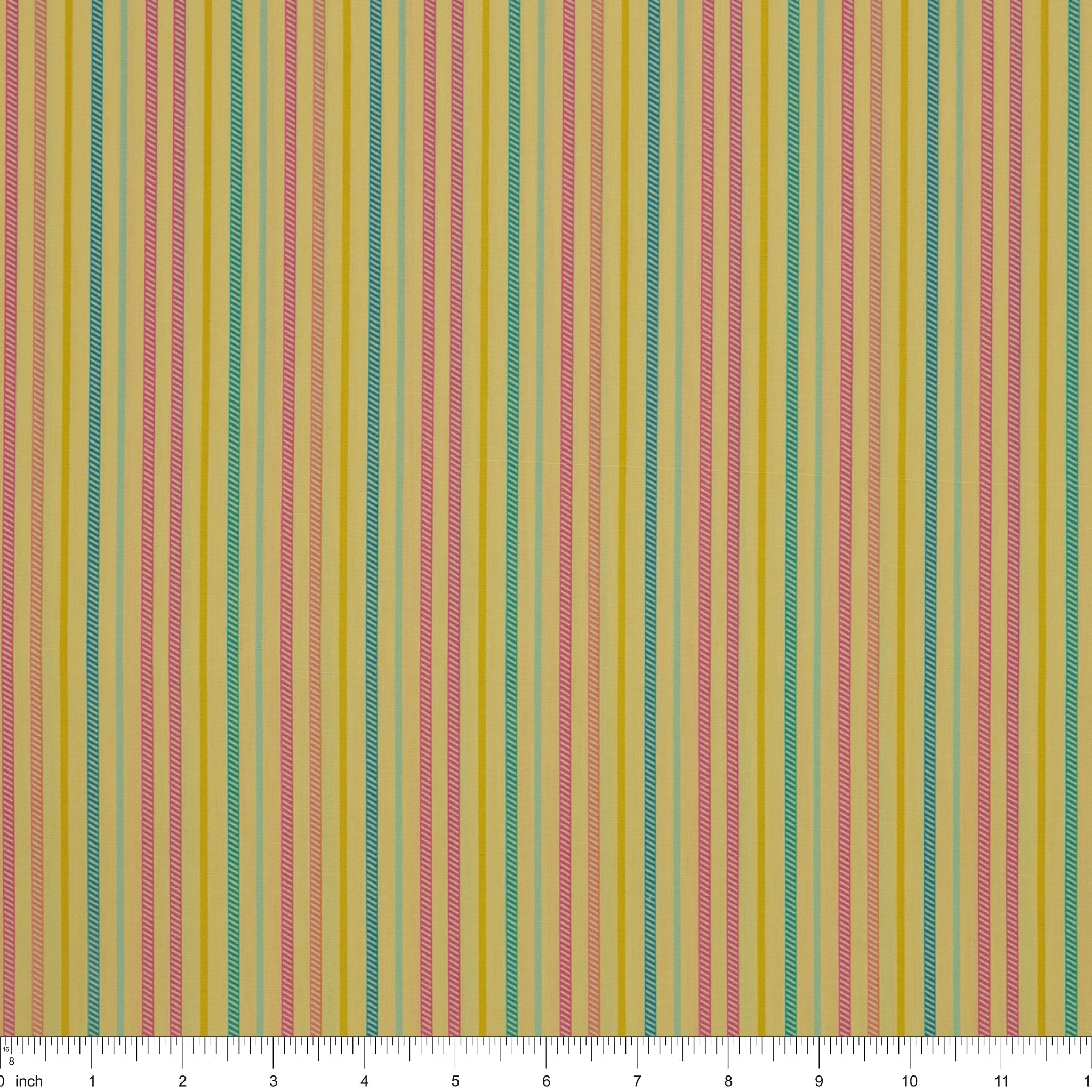 Island Life Sunset Drift fabric with pink, aqua, teal, cream, and golden vertical stripes with ruler for scale.