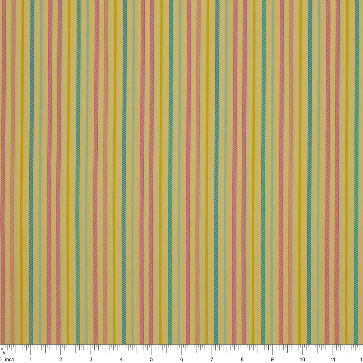 Island Life Sunset Drift fabric with pink, aqua, teal, cream, and golden vertical stripes with ruler for scale.