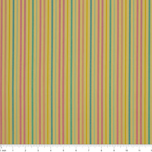 Island Life Sunset Drift fabric with pink, aqua, teal, cream, and golden vertical stripes with ruler for scale.