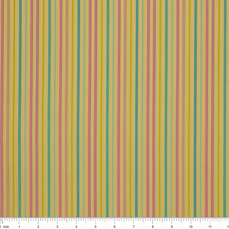 Island Life Sunset Drift fabric with pink, aqua, teal, cream, and golden vertical stripes with ruler for scale.