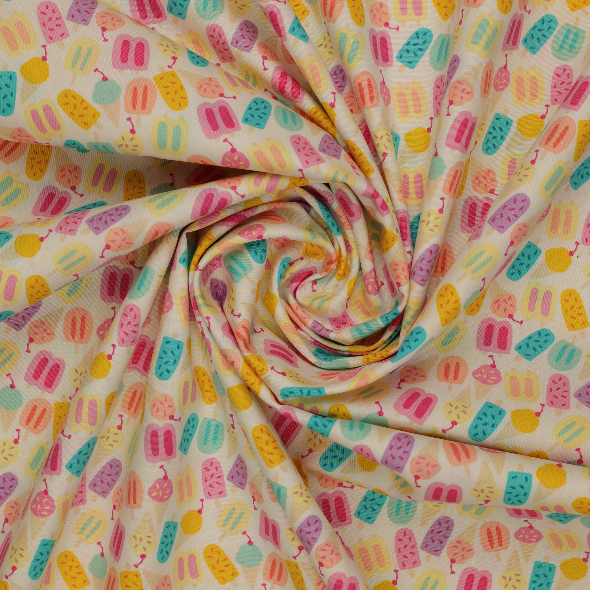 Island Life Rainbow Chill fabric with colorful popsicles and ice cream treats on cream swirled showing texture.