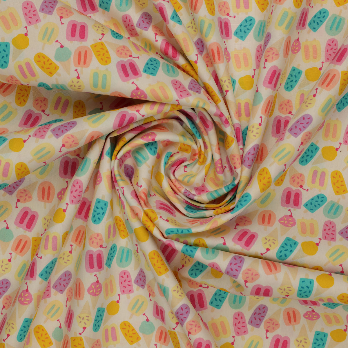 Island Life Rainbow Chill fabric with colorful popsicles and ice cream treats on cream swirled showing texture.