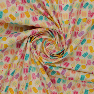 Island Life Rainbow Chill fabric with colorful popsicles and ice cream treats on cream swirled showing texture.