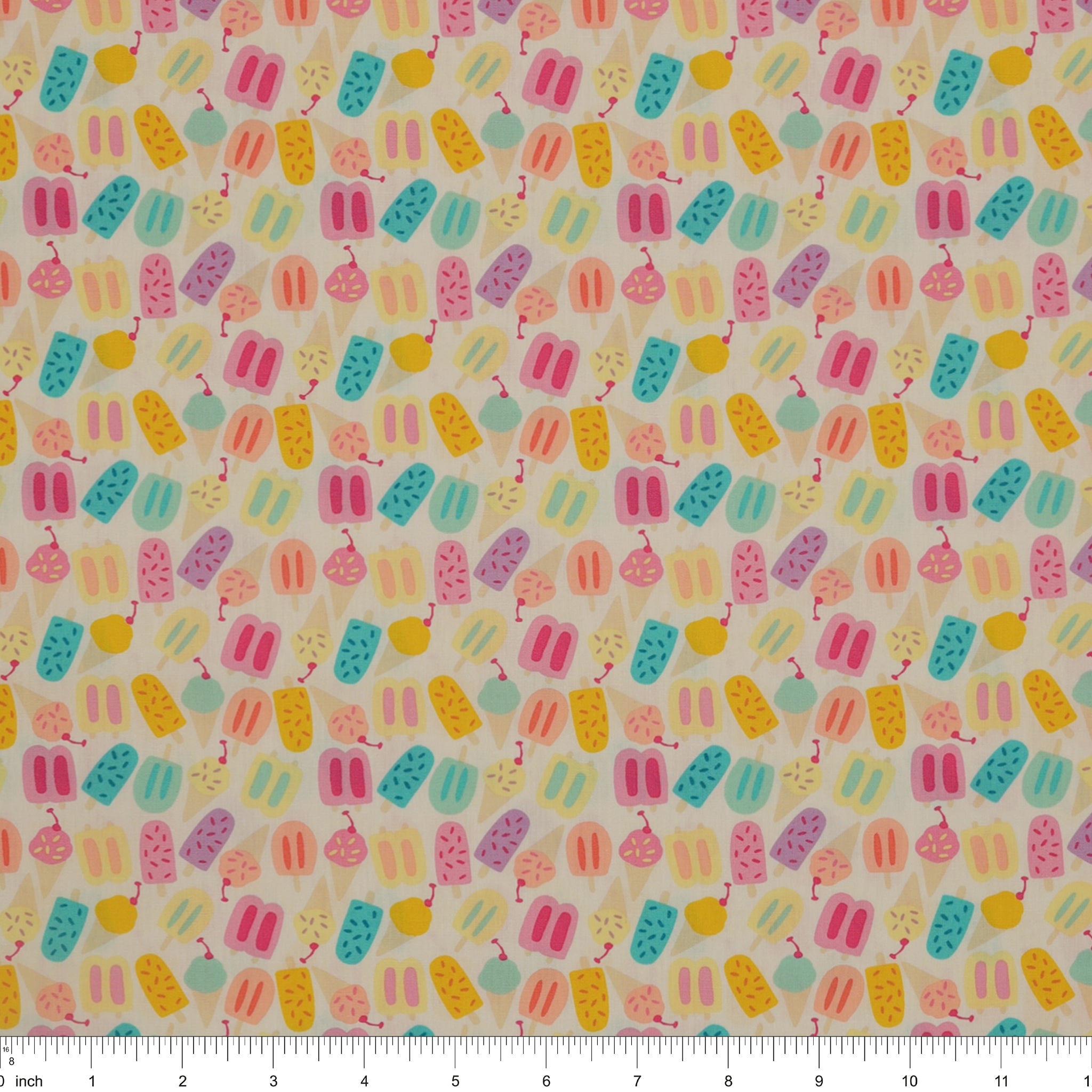 Island Life Rainbow Chill fabric with colorful popsicles and ice cream treats on cream with ruler for scale.
