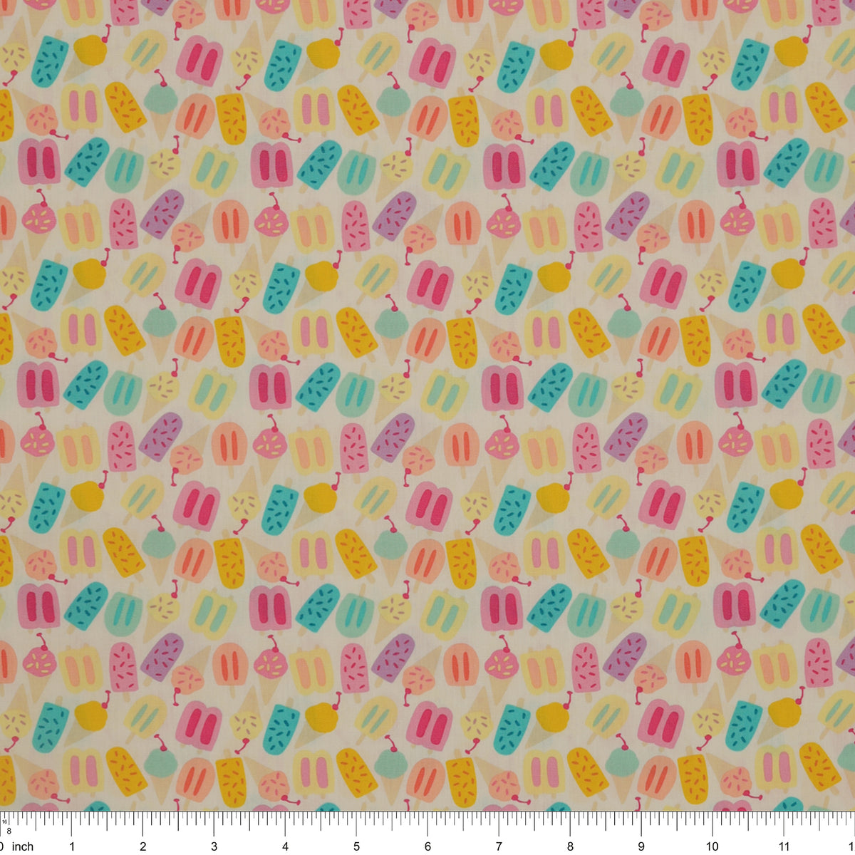 Island Life Rainbow Chill fabric with colorful popsicles and ice cream treats on cream with ruler for scale.
